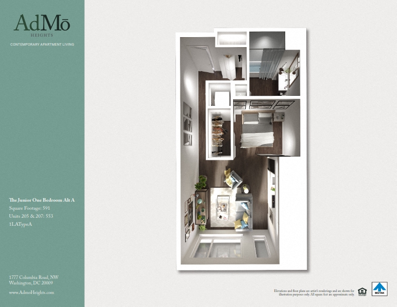 Floor plan for 1 bed, 1 bath, 591 sqft